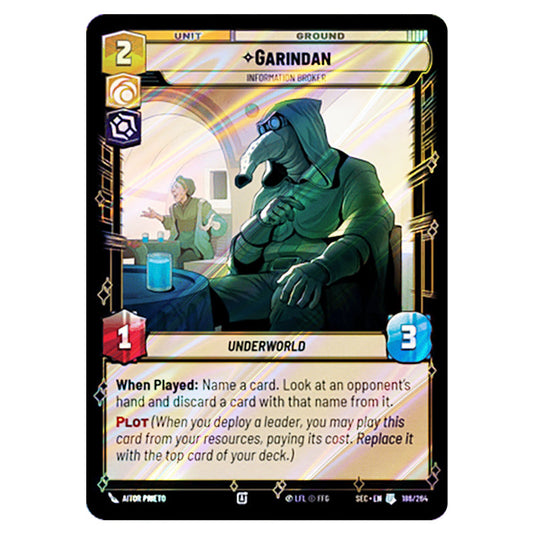Garindan Information Broker card from the Star Wars Unlimited Set Secrets of Power