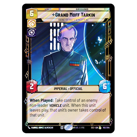 Grand Moff Tarkin Taking Krennic's Achievement card from the Star Wars Unlimited Set Secrets of Power