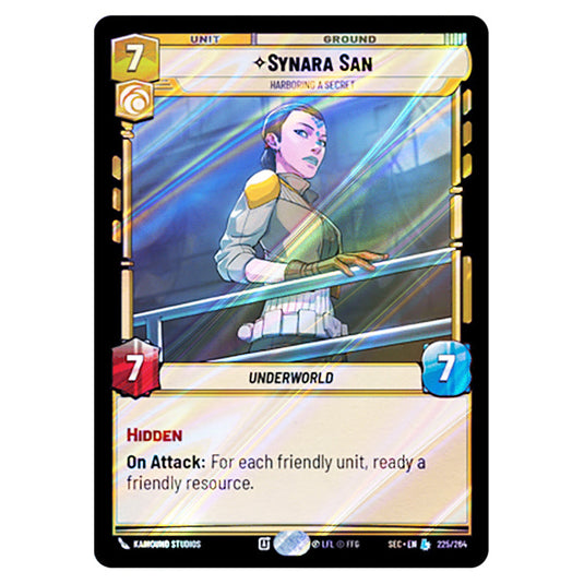Synara San Harboring a Secret card from the Star Wars Unlimited Set Secrets of Power
