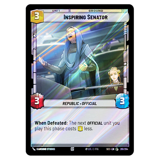 Inspiring Senator card from the Star Wars Unlimited Set Secrets of Power