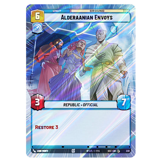 Alderaanian Envoys card from the Star Wars Unlimited Set Secrets of Power