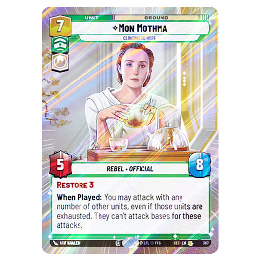 Mon Mothma Clinging to Hope card from the Star Wars Unlimited Set Secrets of Power