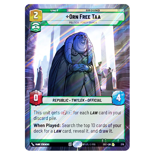 Orn Free Taa Political Power Broker card from the Star Wars Unlimited Set Secrets of Power
