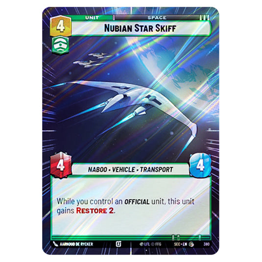 Nubian Star Skiff card from the Star Wars Unlimited Set Secrets of Power