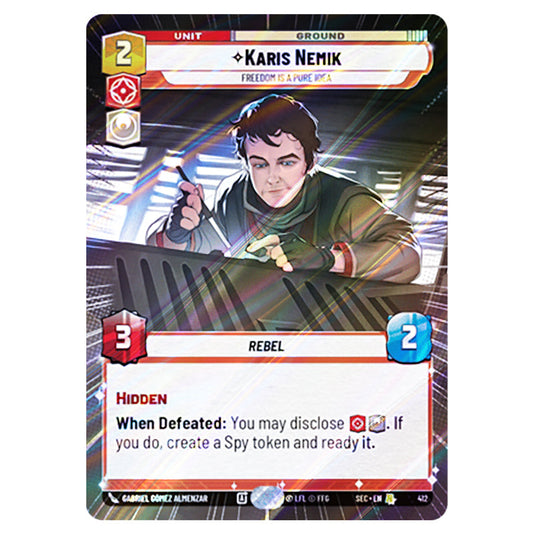 Karis Nemik Freedom is a Pure Idea card from the Star Wars Unlimited Set Secrets of Power