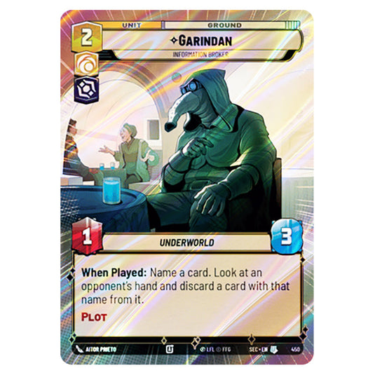 Garindan Information Broker card from the Star Wars Unlimited Set Secrets of Power