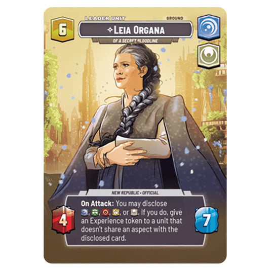 Leia Organa Of A Secret Bloodline card from the Star Wars Unlimited Set Secrets of Power