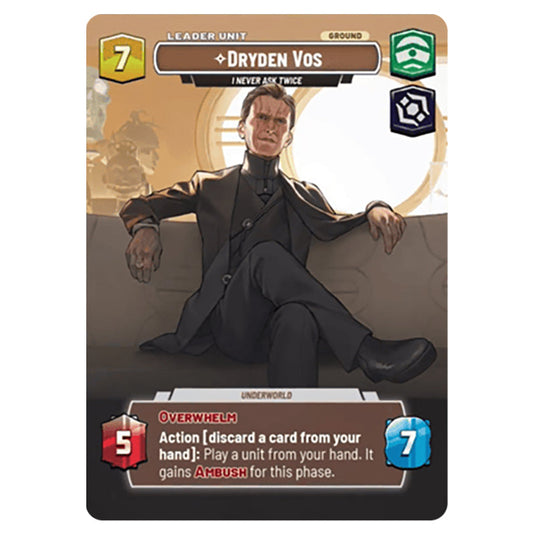 Dryden Vos I Never Ask Twice card from the Star Wars Unlimited Set Secrets of Power