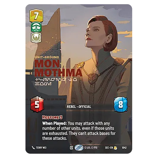 Mon Mothma Clinging to Hope card from the Star Wars Unlimited Set Secrets of Power