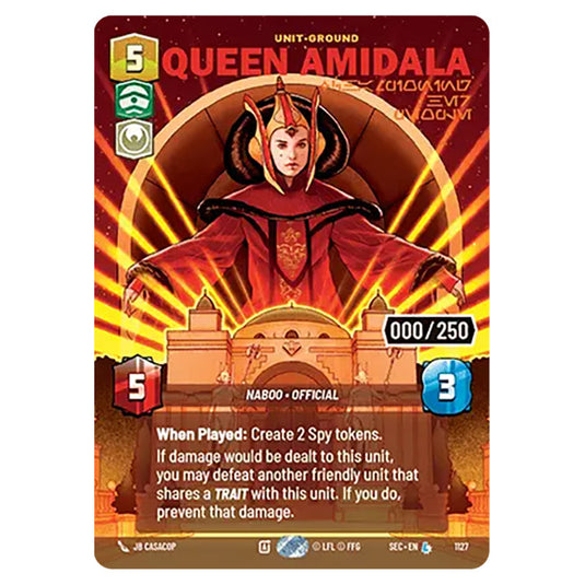 Queen Amidala Championing Her People card from the Star Wars Unlimited Set Secrets of Power