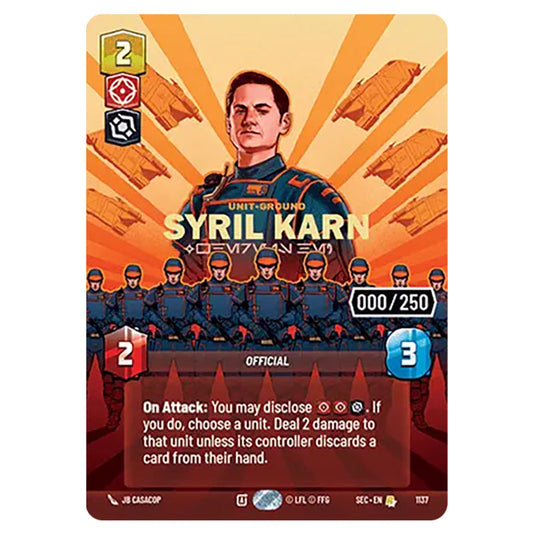 Syril Karn Where Is He? card from the Star Wars Unlimited Set Secrets of Power