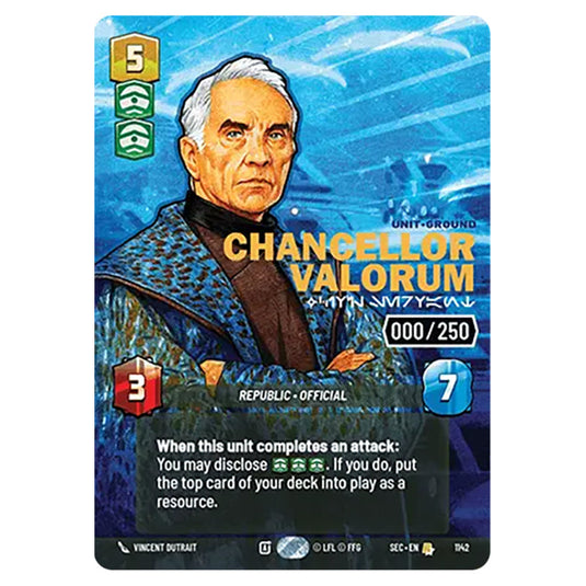 Chancellor Valorum Civil Servant card from the Star Wars Unlimited Set Secrets of Power