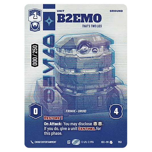 B2EMO That's Two Lies card from the Star Wars Unlimited Set Secrets of Power