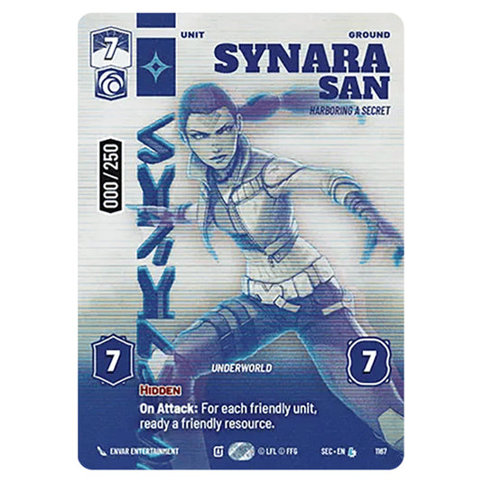 Synara San Harboring a Secret card from the Star Wars Unlimited Set Secrets of Power