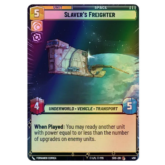 Slaver’s Freighter 458 card from the Star Wars Unlimited set Shadows of the Galaxy