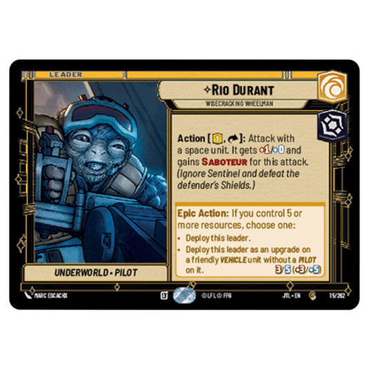 Rio Durant Wisecracking Wheelman Common card from the Star Wars Unlimited set Jump to Lightspeed
