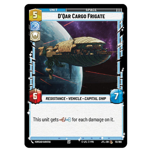 D'Qar Cargo Frigate Common card from the Star Wars Unlimited set Jump to Lightspeed