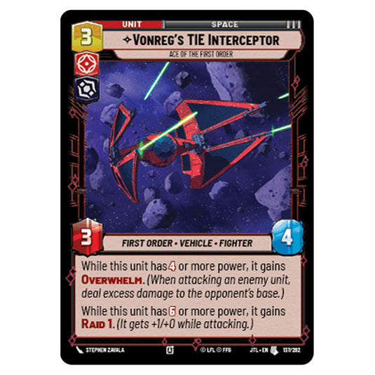 Vonreg's TIE Interceptor Ace of the First Order Uncommon card from the Star Wars Unlimited set Jump to Lightspeed