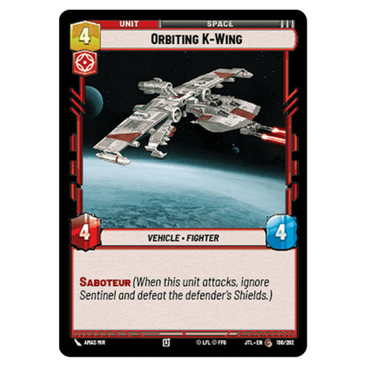 Orbiting K-Wing Common card from the Star Wars Unlimited set Jump to Lightspeed