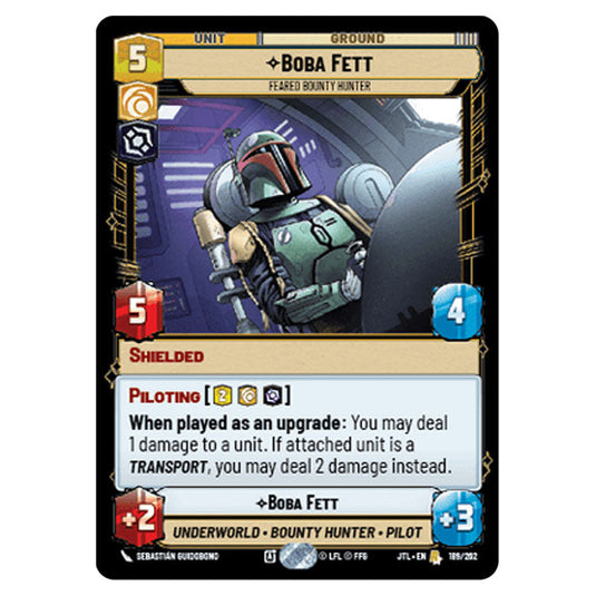 Boba Fett Feared Bounty Hunter Rare card from the Star Wars Unlimited set Jump to Lightspeed