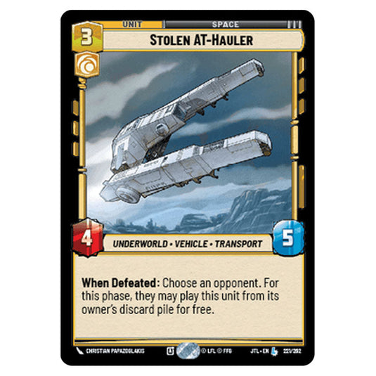 Stolen AT-Hauler Legendary card from the Star Wars Unlimited set Jump to Lightspeed
