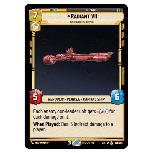 Radiant VII Ambassadors' Arrival Legendary card from the Star Wars Unlimited set Jump to Lightspeed