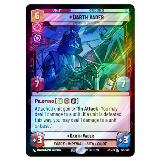 Darth Vader Scourge of Squadrons Legendary card from the Star Wars Unlimited set Jump to Lightspeed