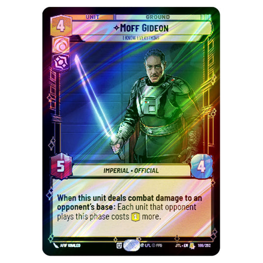 Moff Gideon I Know Everything Rare card from the Star Wars Unlimited set Jump to Lightspeed