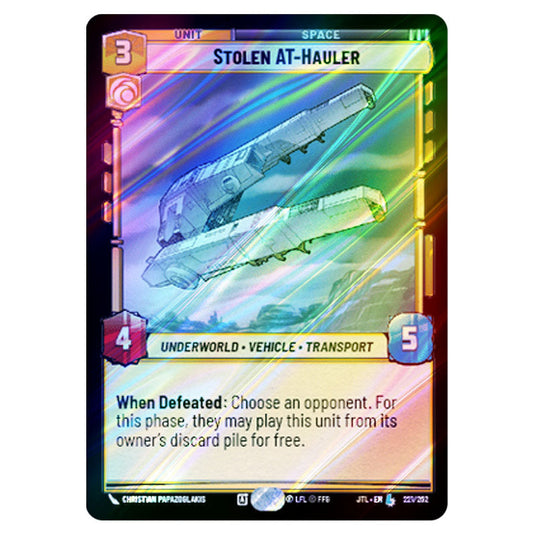 Stolen AT-Hauler Legendary card from the Star Wars Unlimited set Jump to Lightspeed