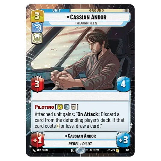 Cassian Andor Threading the Eye Rare card from the Star Wars Unlimited set Jump to Lightspeed