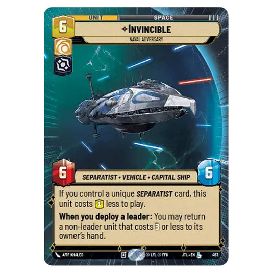 Invincible Naval Adversary Legendary card from the Star Wars Unlimited set Jump to Lightspeed