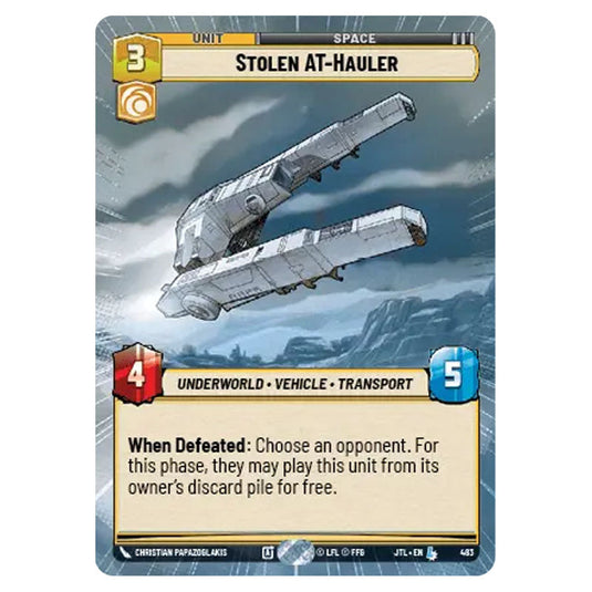 Stolen AT-Hauler Legendary card from the Star Wars Unlimited set Jump to Lightspeed