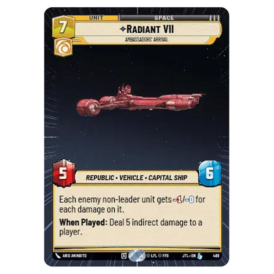 Radiant VII Ambassadors' Arrival Legendary card from the Star Wars Unlimited set Jump to Lightspeed