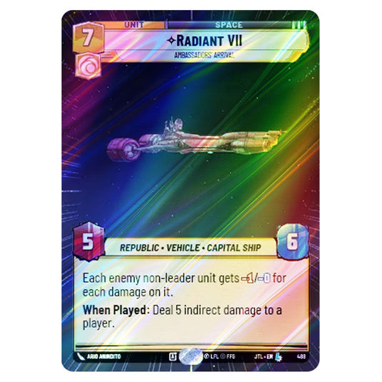 Radiant VII Ambassadors' Arrival Legendary card from the Star Wars Unlimited set Jump to Lightspeed