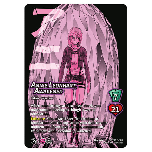 Annie Leonhart, Awakened // Female Titan, Finale card from the Attack on Titan set Apocalypse 001/189 03