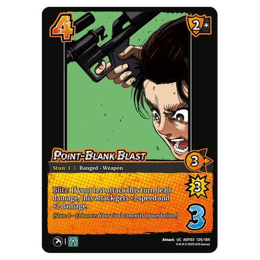 Point-Blank Blast card from the Attack on Titan set Apocalypse 129/189 03