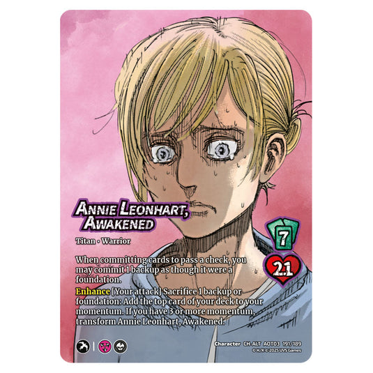 Annie Leonhart, Awakened // Female Titan, Finale (Alternate Art) card from the Attack on Titan set Apocalypse 191/189 03