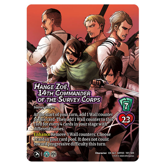Hange Zoe, 14th Commander of the Survey Corps (Alternate Art) card from the Attack on Titan set Apocalypse 197/189 03