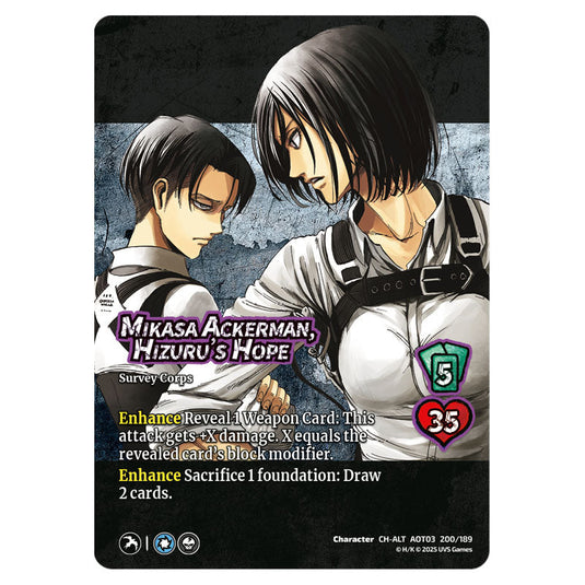 Mikasa Ackerman, Hizuru's Hope (Alternate Art) card from the Attack on Titan set Apocalypse 200/189 03