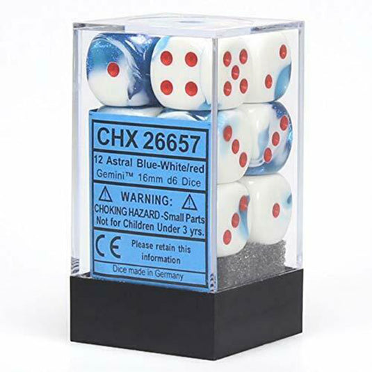 Chessex - Gemini 16mm D6 w/pips 12-Dice Blocks - Astral Blue-White w/red