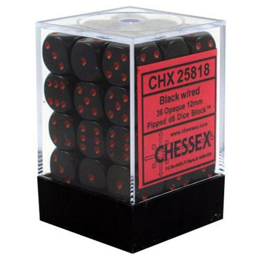 Chessex - Opaque 12mm D6 w/pips 36-Dice Blocks - Black w/red