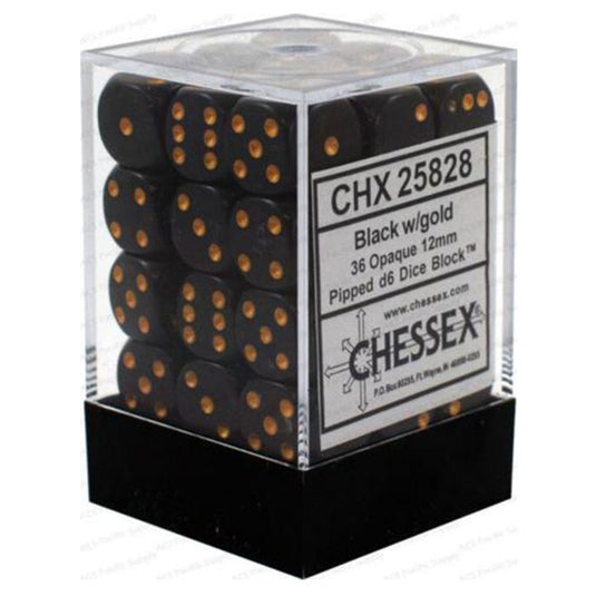 Chessex - Opaque 12mm D6 w/pips 36-Dice Blocks - Black w/gold