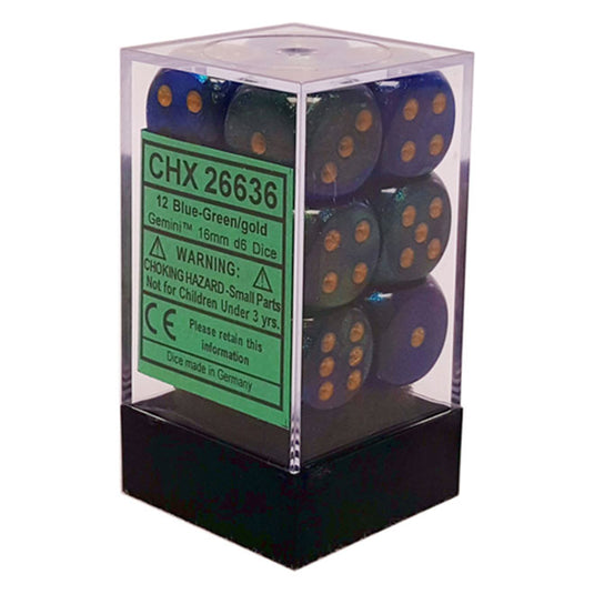 Chessex - Gemini 16mm D6 w/pips 12-Dice Blocks - Blue/Green w/gold