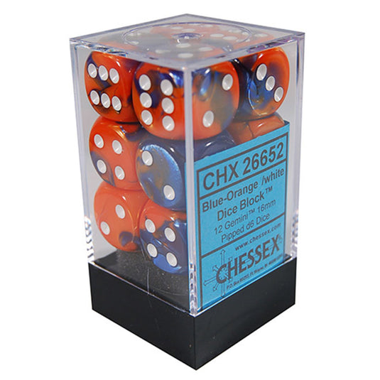 Chessex - Gemini 16mm D6 w/pips 12-Dice Blocks - Blue/Orange w/white