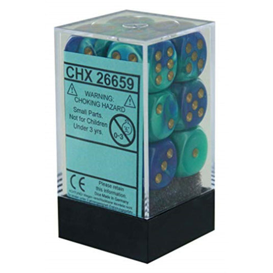 Chessex - Gemini 16mm D6 w/pips 12-Dice Blocks - Blue/Teal w/gold