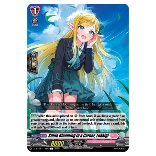 Smile Blooming in a Corner, Lukkigi DZ-BT08/112EN card from the Cardfight!! Vanguard set Knights 0f Rebirth