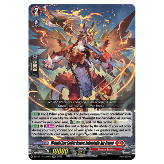 Wrought Iron Soldier Dragon, Indomitable Axe Dragon DZ-BT10/021EN card from the Cardfight!! Vanguard set Dragonsoul Resonance