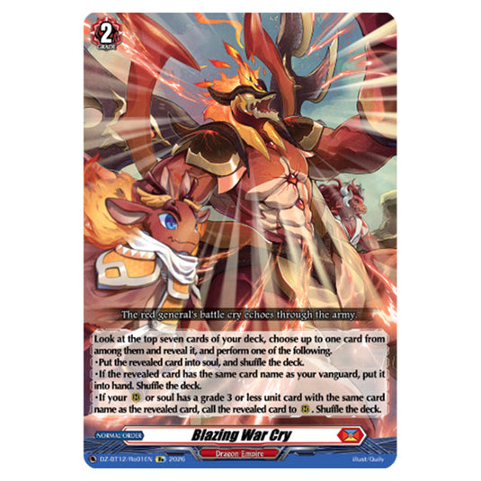 Blazing War Cry DZ-BT12/Re01EN card from the Cardfight!! Vanguard set Chasm of Lost Souls