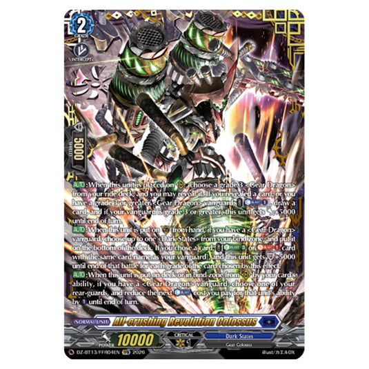 All-crushing Revolution Colossus DZ-BT13/FFR04EN card from the Cardfight!! Vanguard set Parallactic Clash
