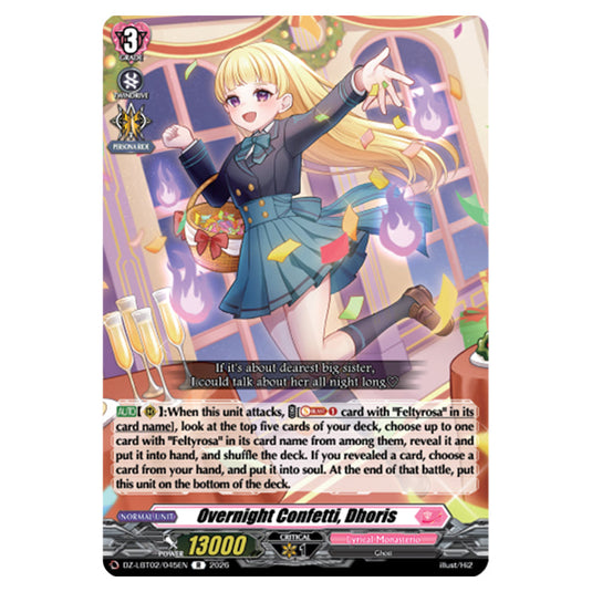 Overnight Confetti, Dhoris DZ-LBT02/045EN card from the Cardfight!! Vanguard set Lyrical Monasterio Season of Wonders